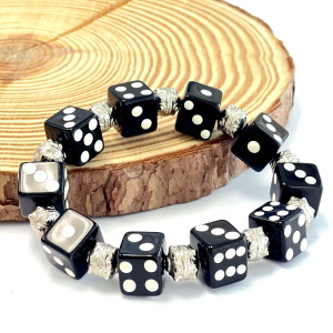 Painted Black Dice Bunco Casino Game Beaded Stretch Bracelet.
