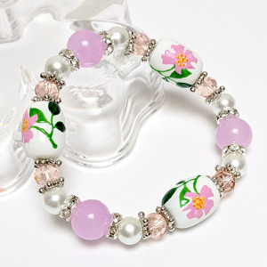 Painted Prairie Rose North Dakota State Flower Glass Beaded Stretch Bracelet.