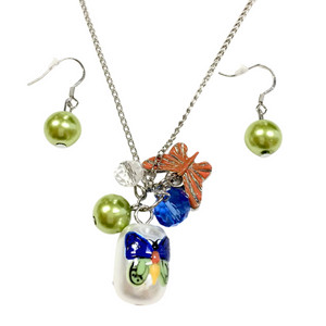 Painted Spring Blue Butterfly Glass Bead Necklace with Earrings Set (NE-3050A) Painted Spring Blue Butterfly Glass Bead Necklace with Earrings Set (NE-3050A)