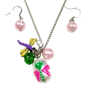 Painted Pink Dragonfly Flower Glass Bead Necklace with Earrings Set (NE-3050G) Painted Pink Dragonfly Flower Glass Bead Necklace with Earrings Set (NE-3050G)