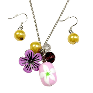 Painted Pink Flower Glass Bead Necklace with Earrings Set (NE-3050H) Painted Pink Flower Glass Bead Necklace with Earrings Set (NE-3050H)