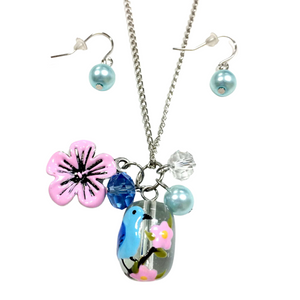 Painted Blue Bird Glass Bead Necklace with Earrings Set (NE-3065A) Painted Blue Bird Glass Bead Necklace with Earrings Set (NE-3065A)