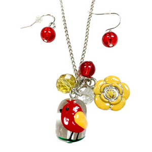 Painted Red Bird Glass Bead Necklace with Earrings Set (NE-3065B) Painted Red Bird Glass Bead Necklace with Earrings Set (NE-3065B)