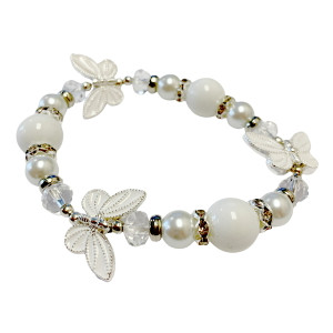 White Butterfly Glass Beaded Stretch Bracelet