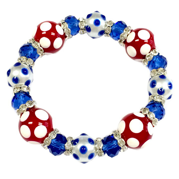 Painted Red/White/Blue Polka Dots Glass & Crystal Beaded Stretch Bracelet (BR-2925D)