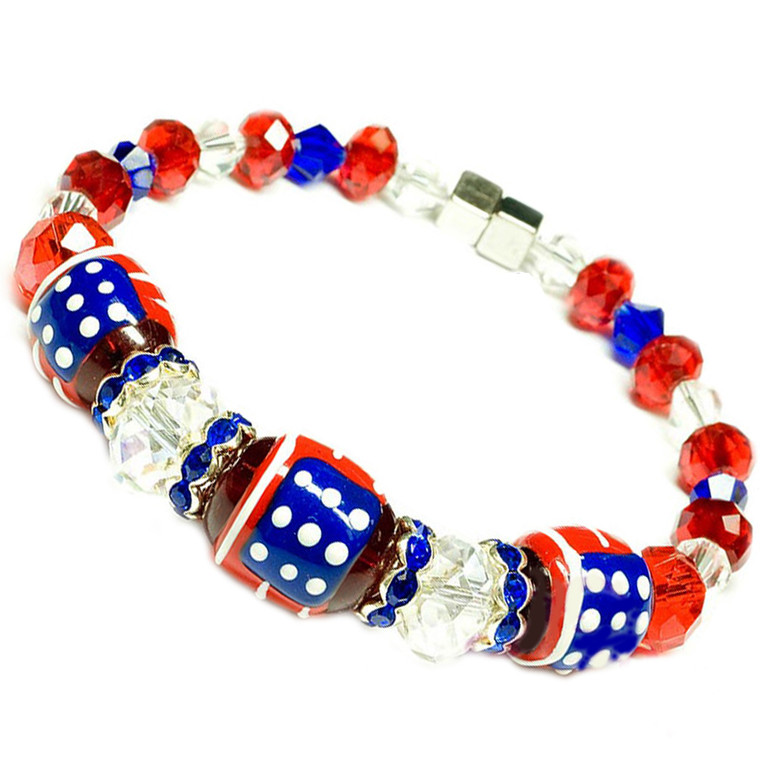 Painted USA Flag  Glass & Crystal Beaded Bracelet with Magnetic Clasps (BR-1337)