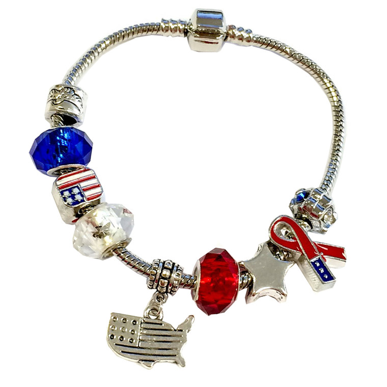 USA Red/White/Blue Charm Beads Chain Bracelet (BHB-03)