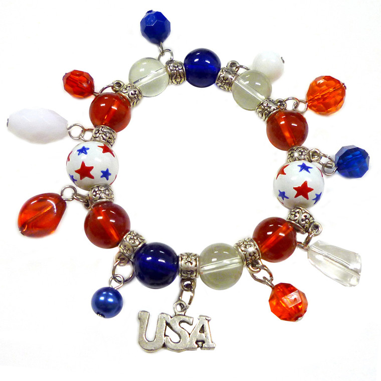 Painted USA Stars Charms Glass Beaded Stretch Bracelet (BR-2258C)