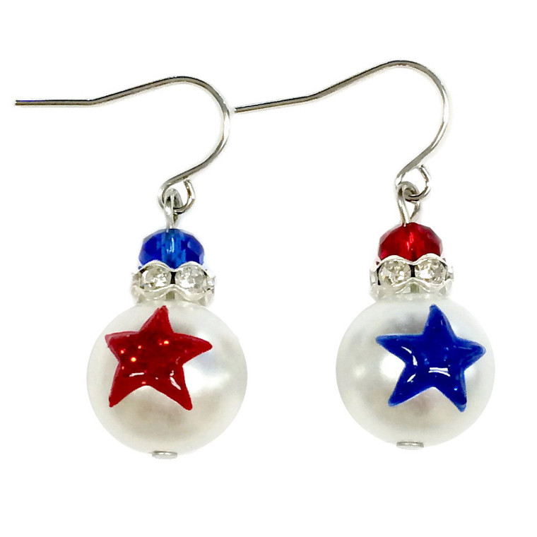 Painted USA Red/Blue Stars Glass & Crystals Beaded Earrings (E-309A)