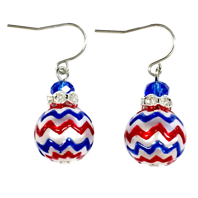 Fine Painted Red/White/Blue Chevron Pattern Glass & Crystal Beaded Earrings (E-309D)