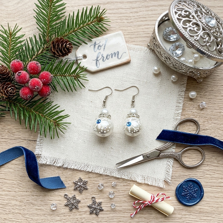 Painted Snowflake Pearl White Glass Beads Earrings (BR-1169E)