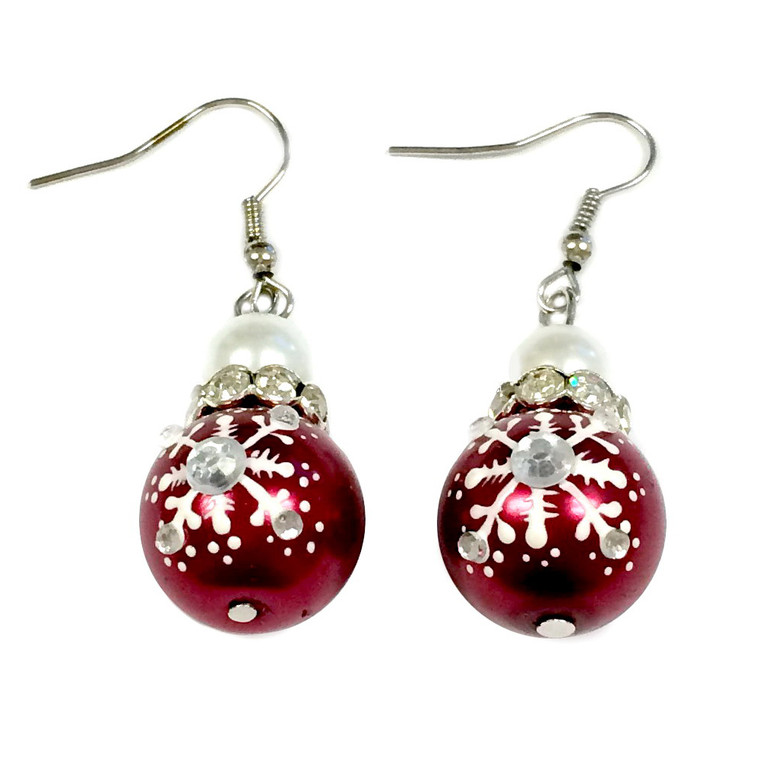 Painted Snowflake Pearl Red Glass Beads Earrings (E-187)