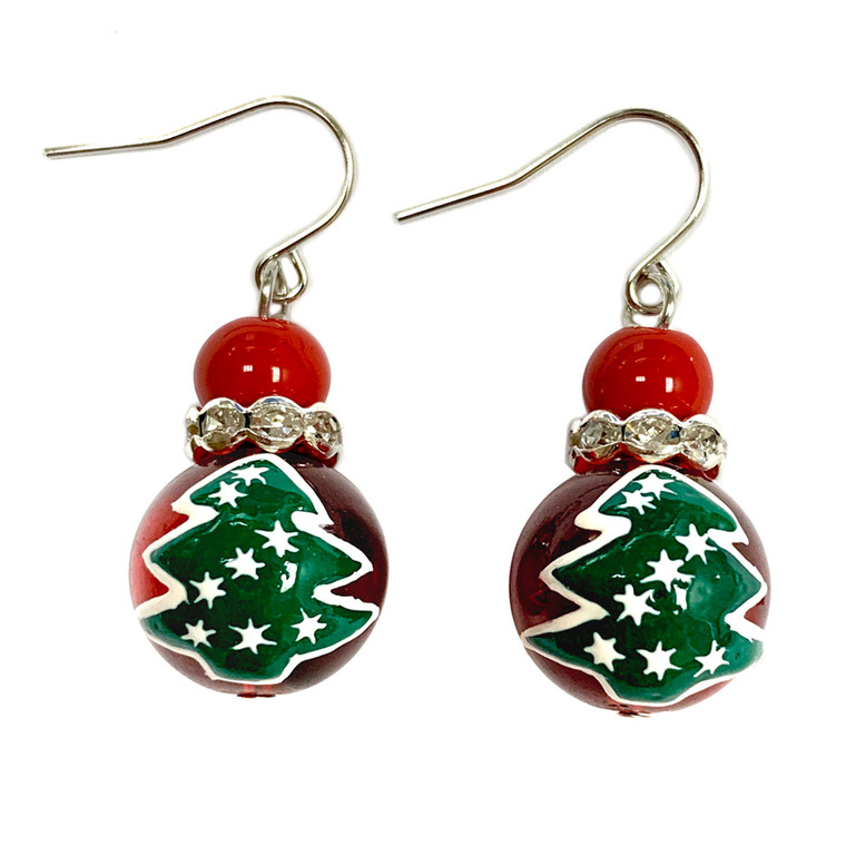 Painted Christmas Tree Glass Beads Earrings (E-348)