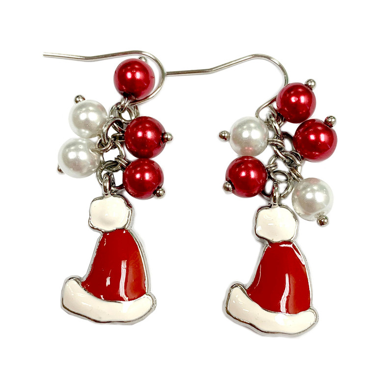 Painted Christmas Santa Hat Charm & Dainty Glass Beads Earrings (E-357E)