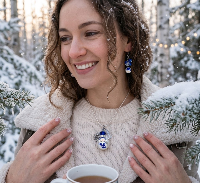 Painted Blue Snowman Glass Bead, Snowflake & Crystal Charm Necklace (NE-3091C)