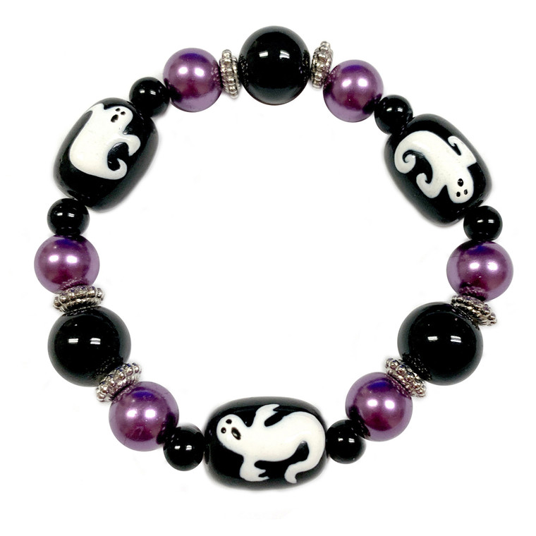 Painted Halloween Ghost Glass Beaded Stretch Bracelet (BR-3087C)