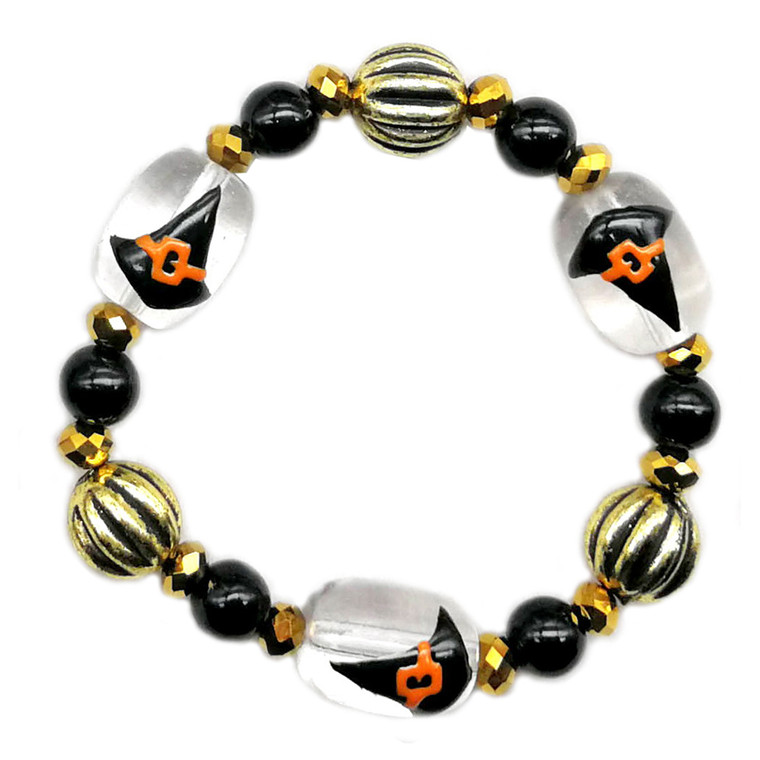 Painted Halloween Witch Hat Glass Beaded Stretch Bracelet (BR-3087D)