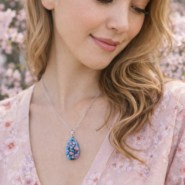 Fine Painted Cherry Blossom Swarovski Aqua Crystal Necklace (NE-3133) - Inspired by Van Gogh's Almond Blossom Painting.