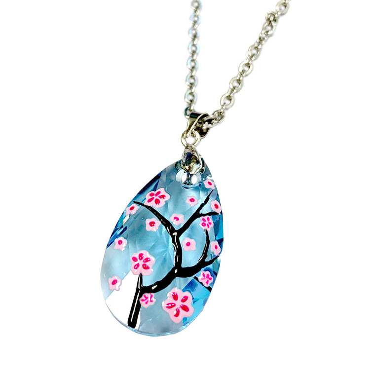 Fine Painted Cherry Blossom Swarovski Aqua Crystal Necklace (NE-3133) - Inspired by Van Gogh's Almond Blossom Painting.