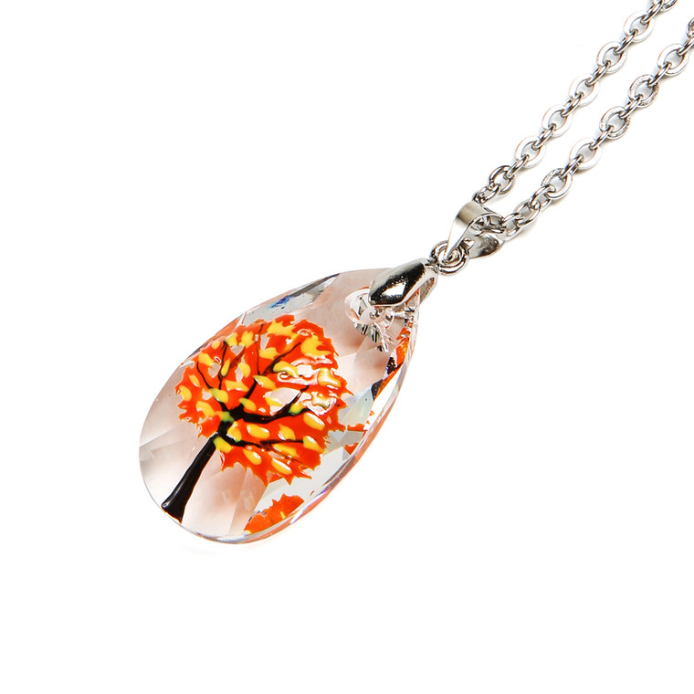 Swarovski Crystal Orange Fall Leaf Tree Necklace with Gift Box - Autumn Fall Jewelry for Women - Fiona - NE3154C