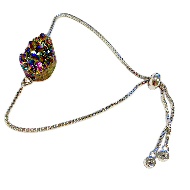 Rainbow Druzy Stone Bracelet - Natural Gemstone Bolo Bracelet -  Sliver Plated Slider Bracelets - Birthday Mom Gifts - Fiona -  BR3065A