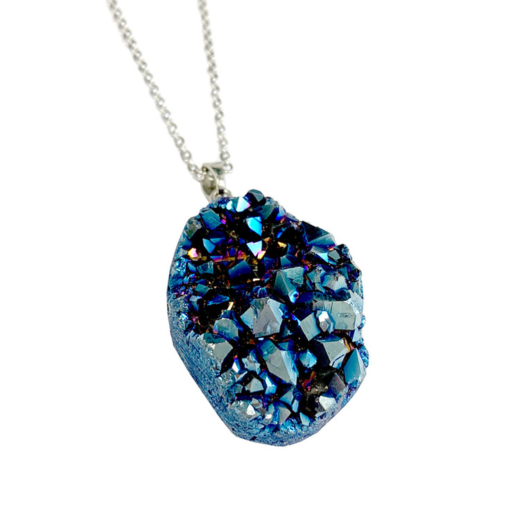 Free Shape Large to Medium Druzy Pendant Necklace (NE-3195A) - Majestic Blue - 30" Necklace Chain