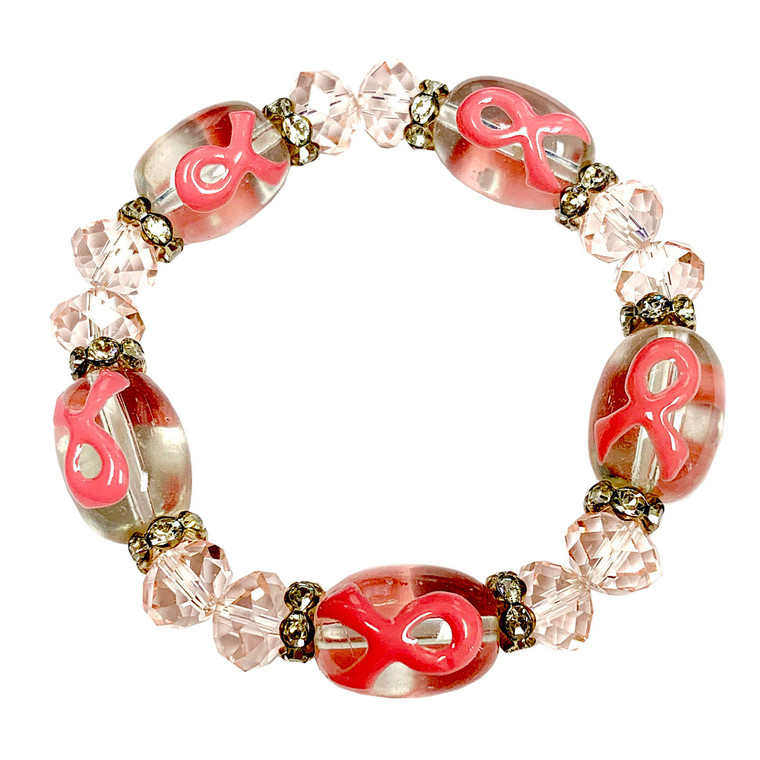 Painted Pink Ribbon Breast Cancer Awareness Glass Bead and Crystals Stretch Bracelet BR-2105