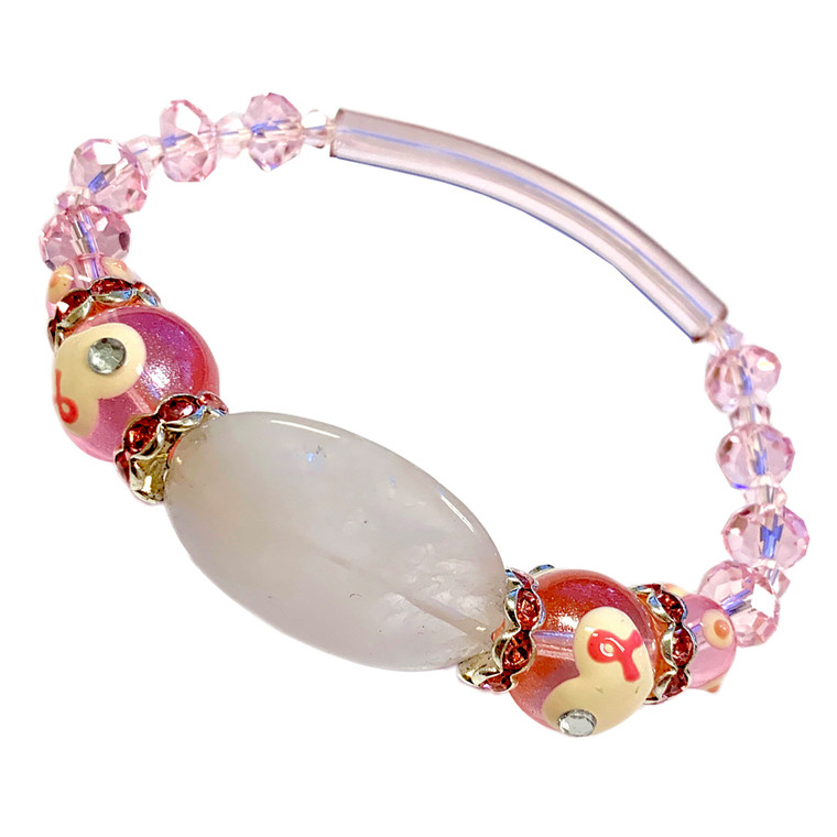 Painted Pink Ribbon Breast Cancer Awareness Rose Quartz and Glass Bead Stretch Bracelet BR-1330