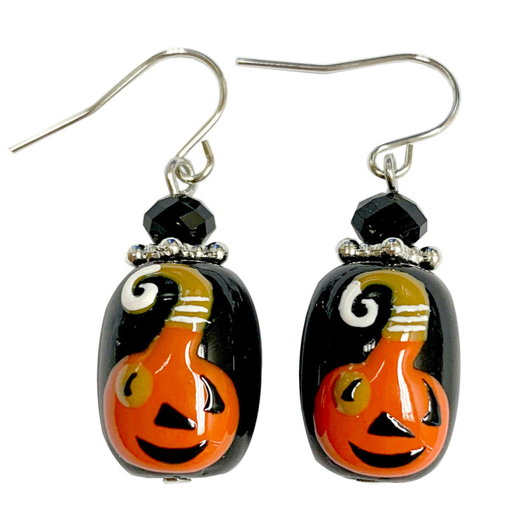 Painted Halloween Smile Pumpkin Glass Bead Drop Dangle Earrings E-387B
