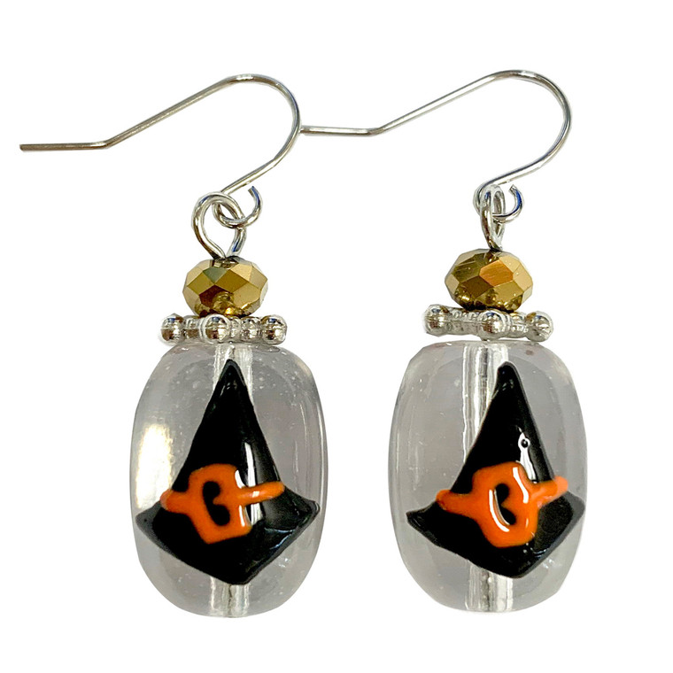 Painted Halloween Black Witch Hat Glass Bead Drop Dangle Earrings E-387D