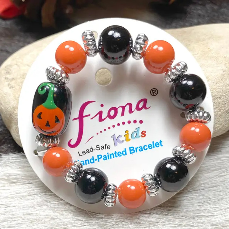 Painted Kid's Halloween Pumpkin Glass Beaded Stretch Bracelet
