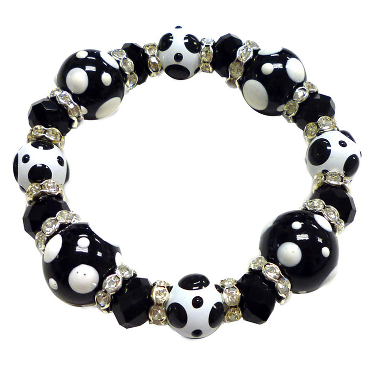 Painted Black and White Polka Dots Glass & Crystal Beaded Stretch Bracelet PD-02