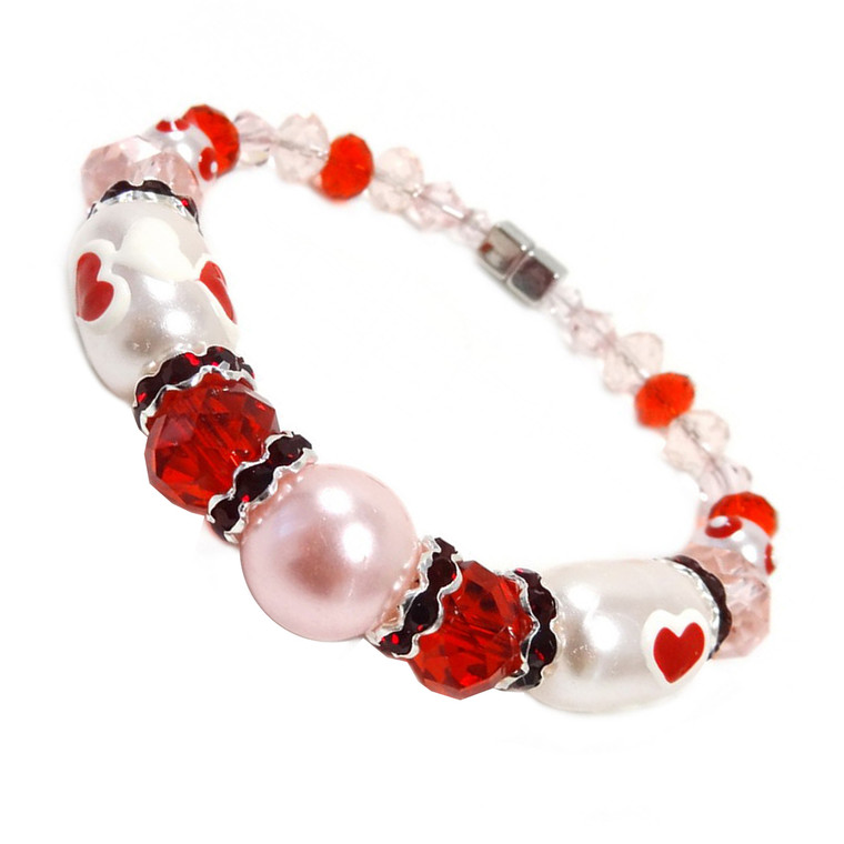 Valentine Bracelet - Red Hearts Bracelet  - Glass and Crystals Beaded  with Magnetic Clasps Bracelet - Hand painted - IUP025LM