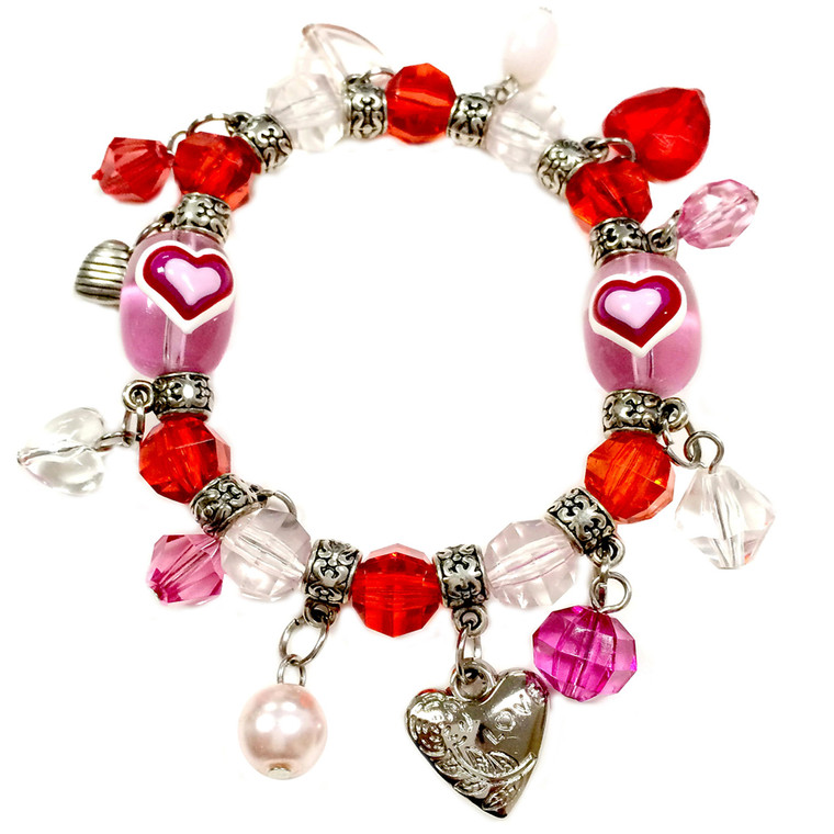 Valentine Bracelet - Hearts with Charms Bracelet  - Glass Beaded Bracelet - Hand painted - BR2257D