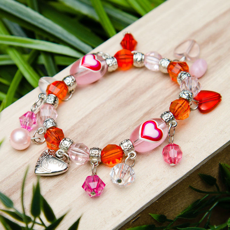 Valentine Bracelet - Hearts with Charms Bracelet  - Glass Beaded Bracelet - Hand painted - BR2257D