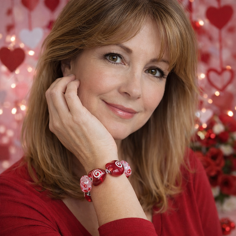 Painted Hearts with Handmade Murano Hearts Glass Beaded Stretch Bracelet