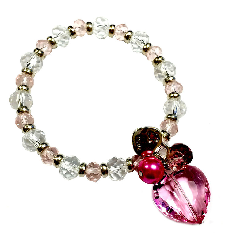 Valentine Bracelet - Pink Crystal Heart with Lock Charms Bracelet  - Crystals Beaded Bracelet - Handmade - BR2168B