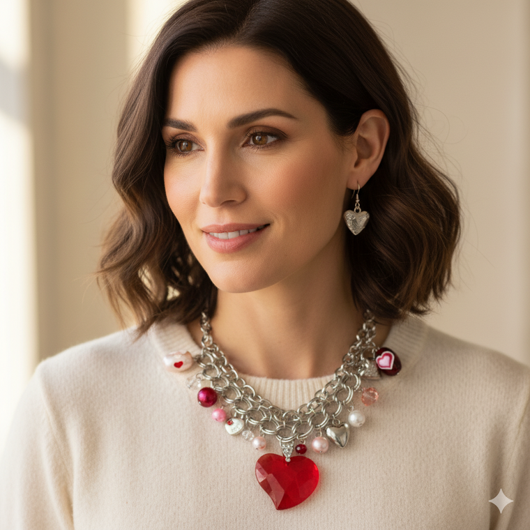 Big Faceted Red Heart Crystal Pendant with all Charms Wide Choker Necklace with Heart Earrings Set