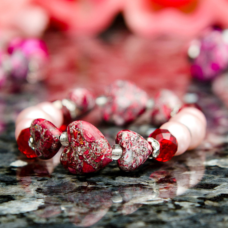 The Love Bracelet -  Heart Bracelet - Beaded Bracelets for Women - Gifts for Her Valentines Day - Red and Pink - Fiona - PUP176