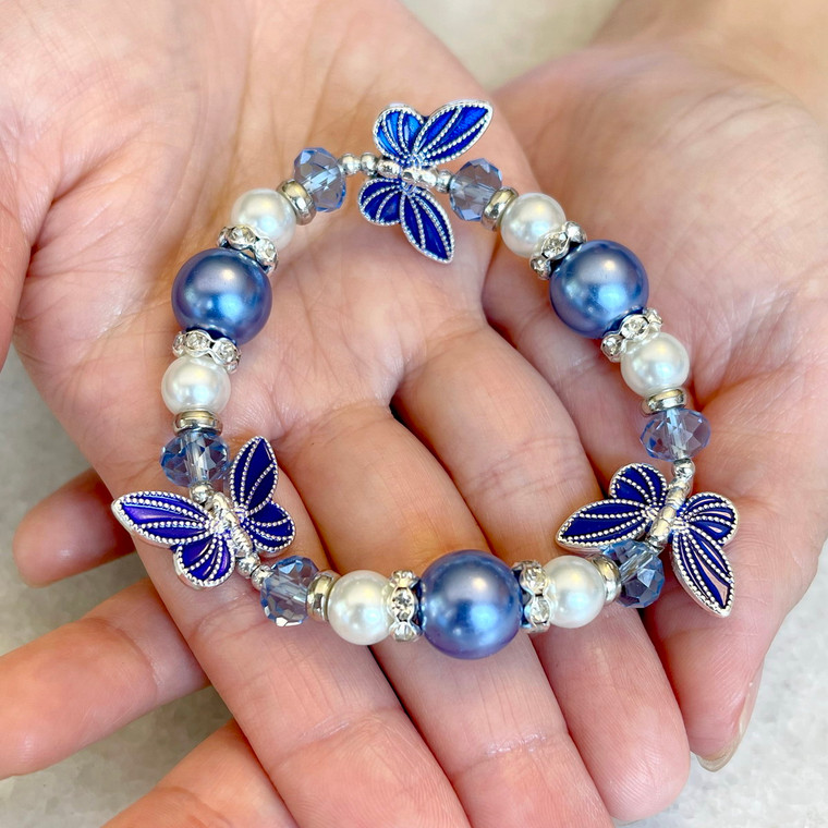 Blue Morpho Butterfly Glass Beaded Stretch Bracelet.