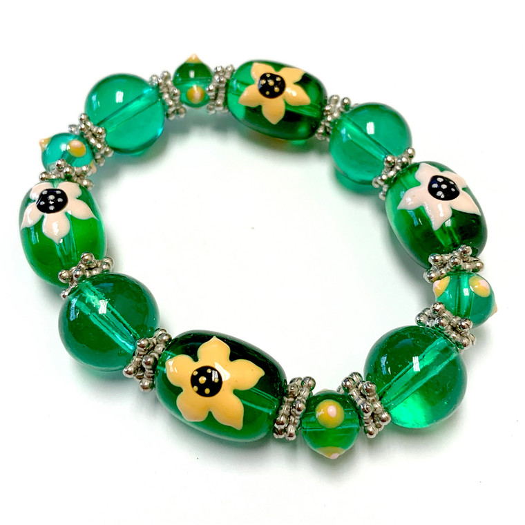 Spring Green Garden Jasmine Flower Bracelet - South Carolina State Flower Bracelet - Spring Jewelry for Daughter - Handmade Glass Beaded Bracelet  for Girlfriend  - Fiona -  IUP015