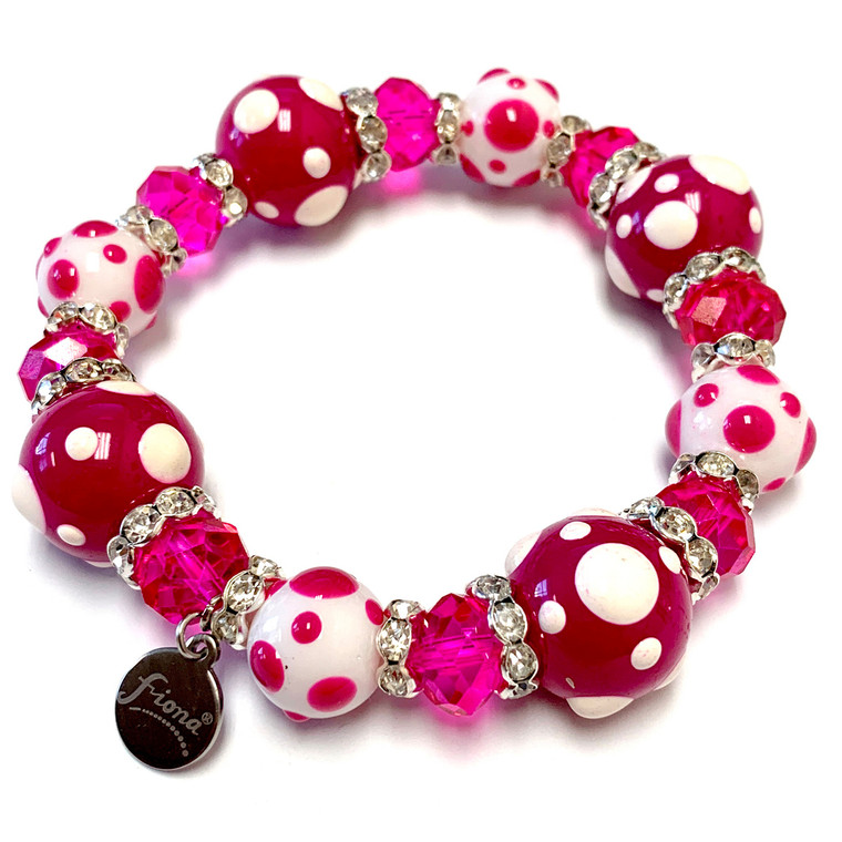 Spring Fuchsia Hot Pink Polka Dots  Bracelet - Spring Jewelry for Women - Handmade Glass Beaded Bracelet  for Girlfriend  - Fiona -  PD07