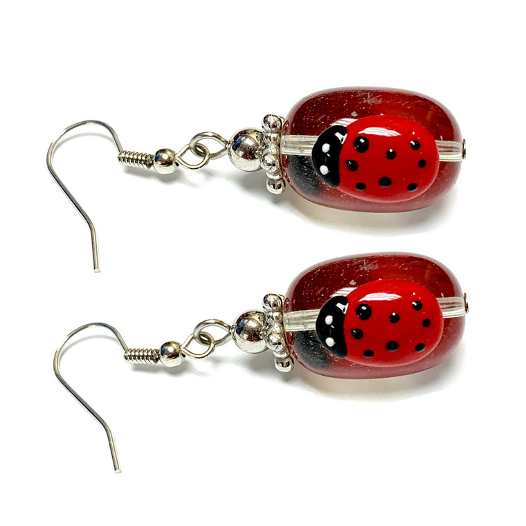 Spring Red Ladybug Earrings -   Spring Earrings for Kids - Handmade Glass Beads Dangle Earrings - Fiona -  E61