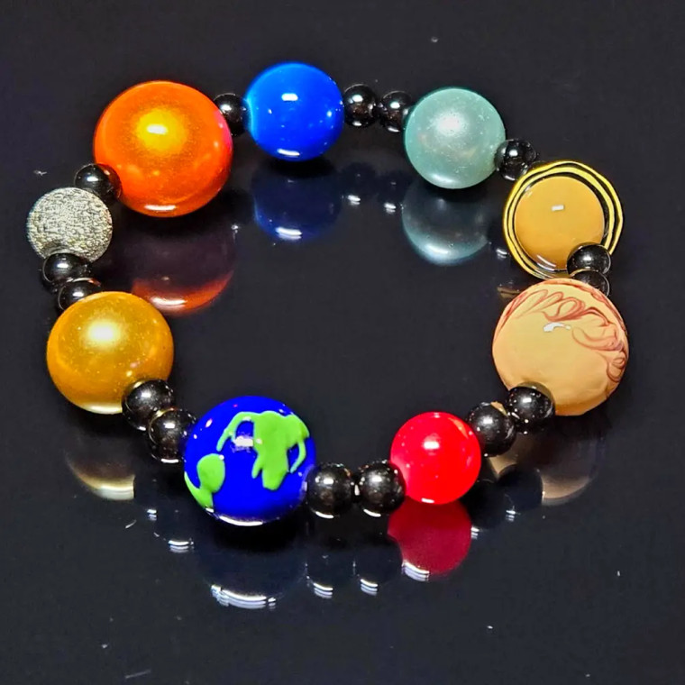 Painted Solar System Glass Beaded Saturn Charm Stretch Bracelet