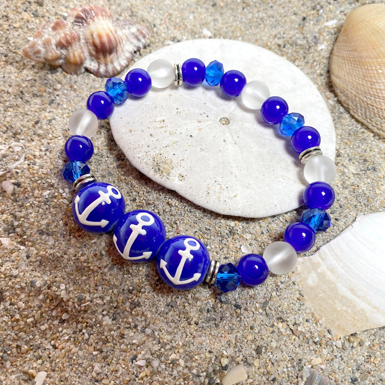 Navy Blue Anchor Glass Bead Bracelet - Nautical Beach Glass Crystal Jewelry  - Handmade Beaded Bracelets for  Women - Fiona - BR2824A