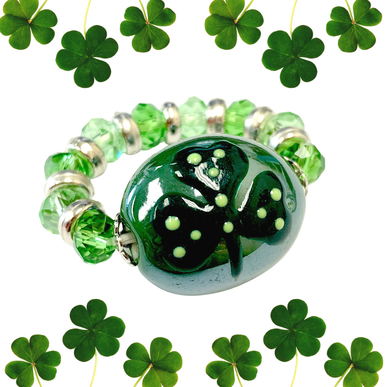 Painted Green Shamrock St Patrick  Porcelain and Crystals Beaded Stretch Ring