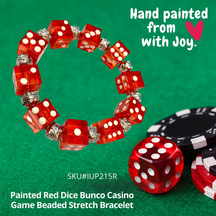 Painted Red Dice Bunco Casino Game Beaded Stretch Bracelet.