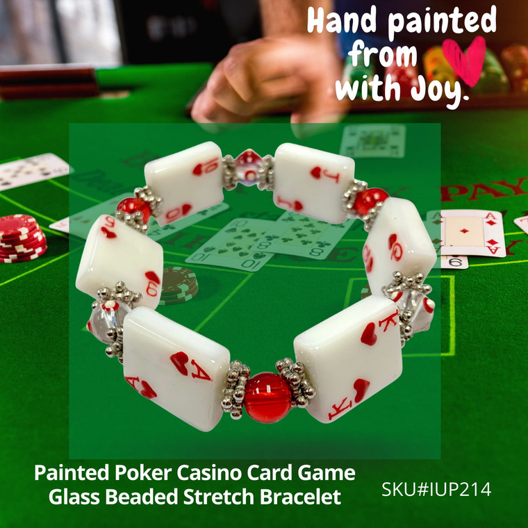 Painted Poker Card Games Casino Glass Beaded Stretch Bracelet.