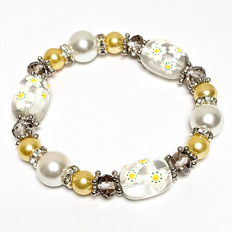 Painted Flowering Dogwood North Carolina and Virginia State Flower Glass Beaded Stretch Bracelet.