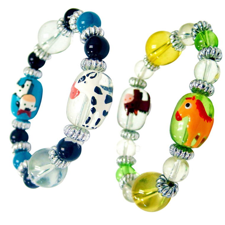 Painted Cow Horse Kids Glass Bead Bracelets Two Styles Set. | Fiona Accessories